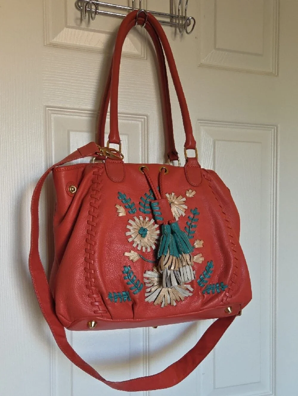 Isabella Fiore Satchel Shoulder Bag with Floral Tassel Applique